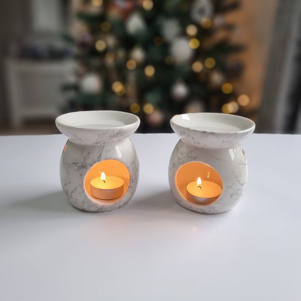 Set of 2 White and silver marble effect ceramic Oil Burner
