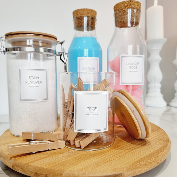 Labelled Glass and Bamboo Cleaning Storage Jar