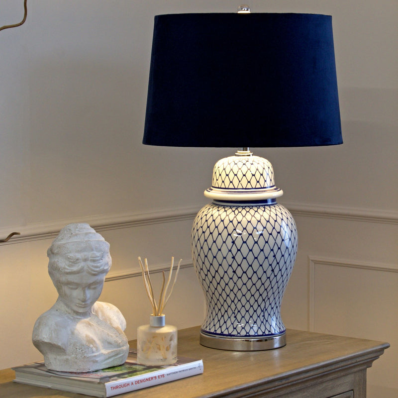 Ananya Blue And White Ceramic Lamp With Blue Velvet Shade
