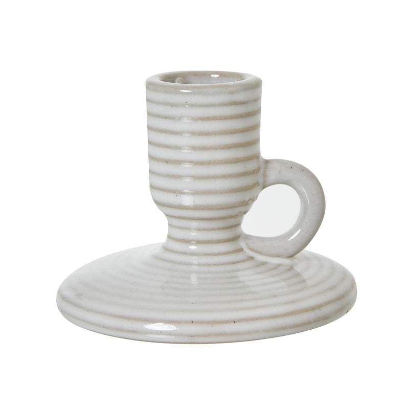 Ceramic Taper Neutral Stripe Candle Stick Holder With Handle