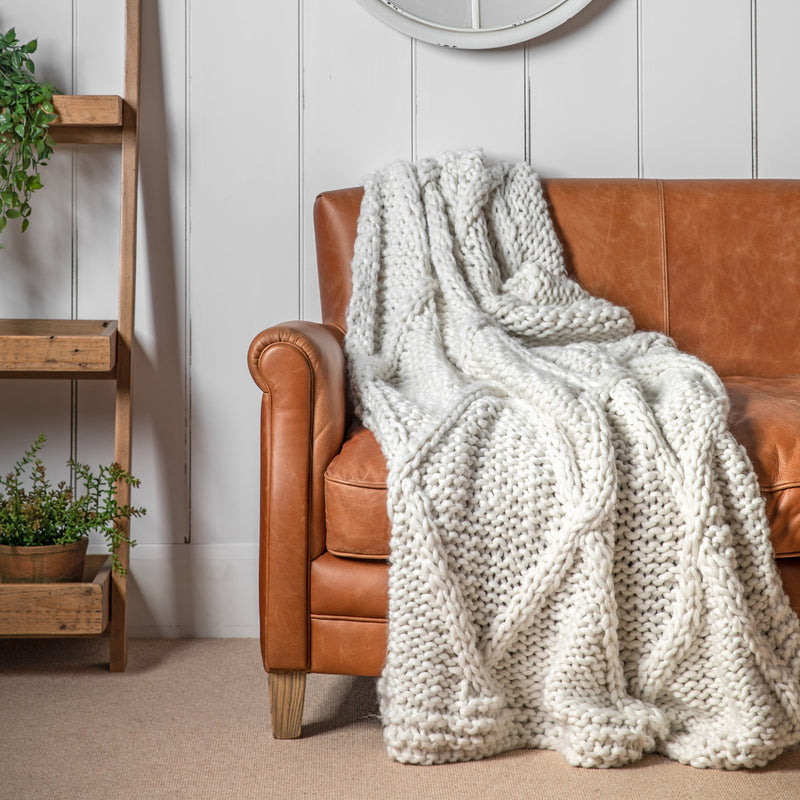 Chunky Cable Knit Cream Throw