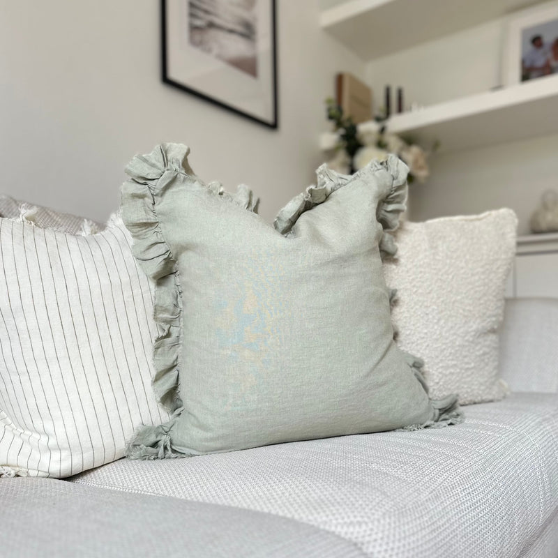 Ruffled Edge Sage Green Linen Cushion Cover 45 x45cm