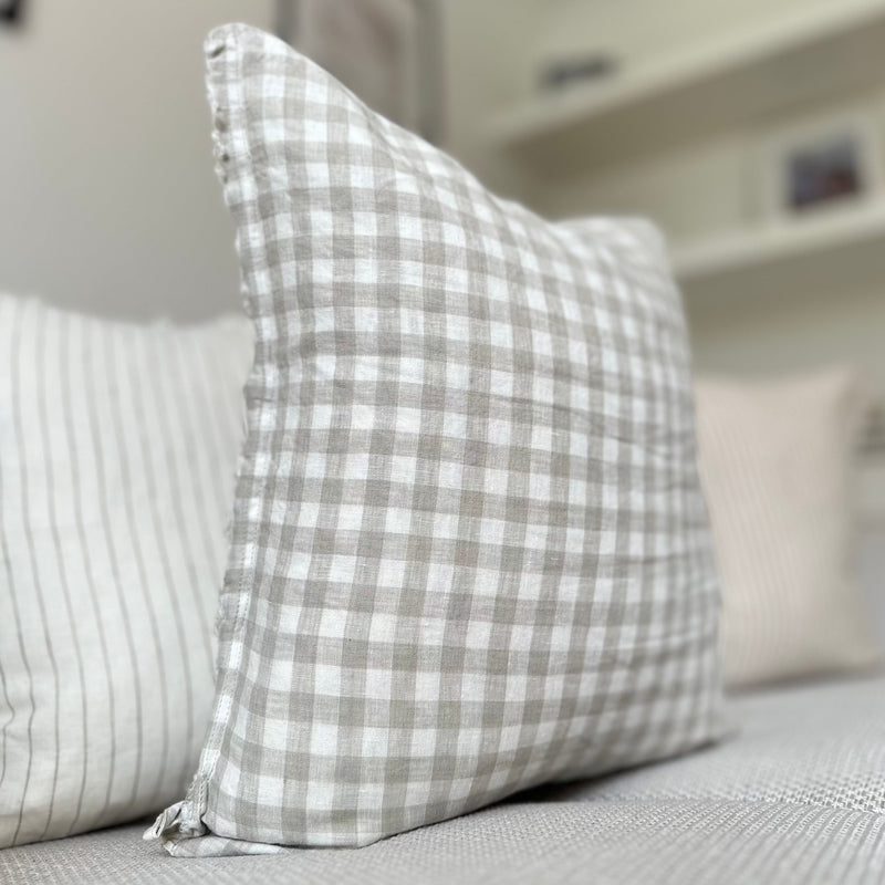 Weathered Edge Beige Gingham Linen Cushion 45 x 45cm