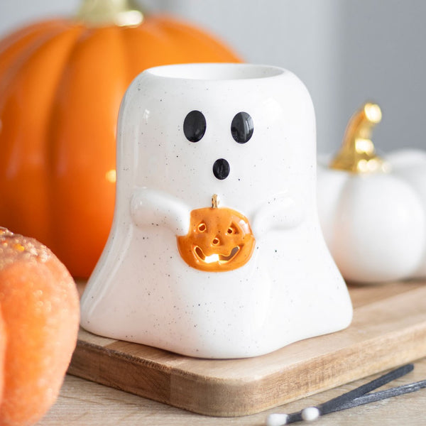 Ceramic White Ghost Shaped Oil Burner Holding Pumpkin