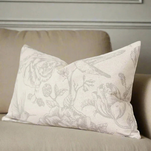 Rectangle Grey Floral & Bird Print Cotton Cushion 50x30cm