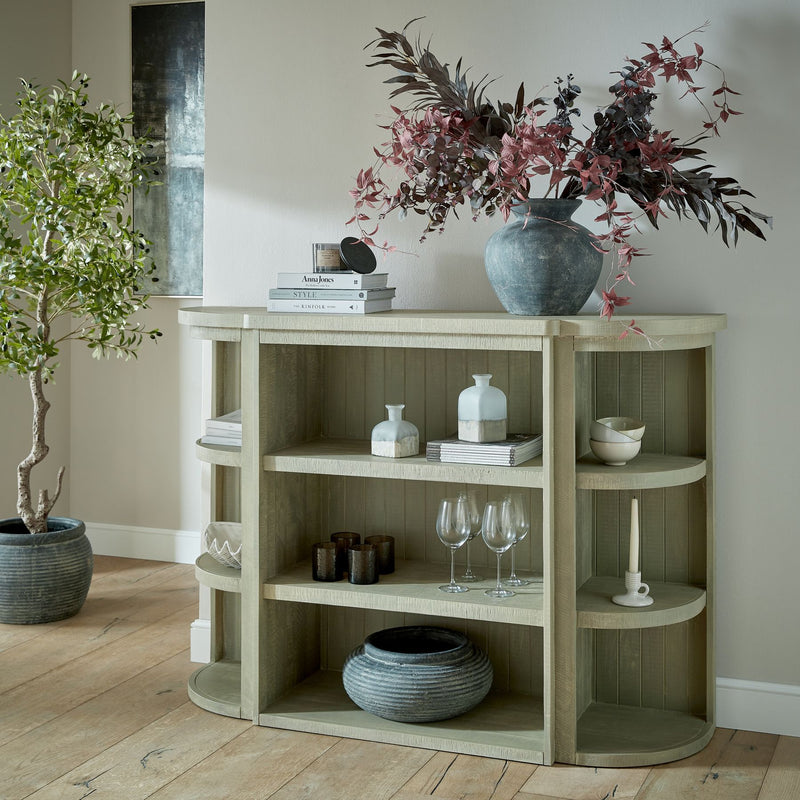 Harborview 3-Shelf Wooden Dresser Top displaying home decor and trinkets across 3 open shelves.