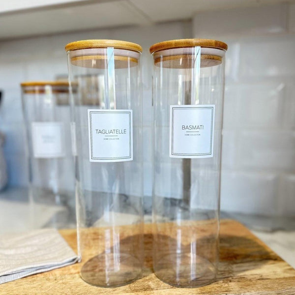 2 Litre Clear Glass Minimal Style Pantry Labelled Storage Jars with Bamboo Lid