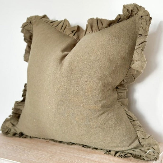 Square Ruffled Edge Olive Green Linen Cushion 45x45cm