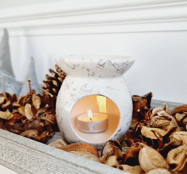 Set of 2 White and silver marble effect ceramic Oil Burner