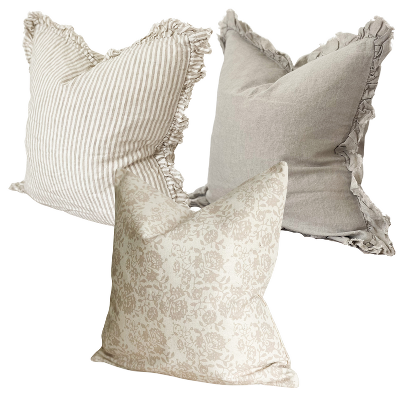 Greige Floral Stripe Cushion Trio