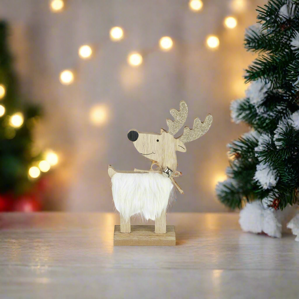 wooden reindeer ornament with fluffy white body