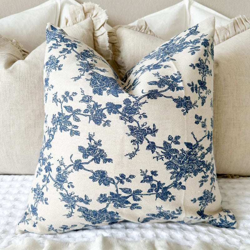 Blue Floral Print Square Cotton Cushion 45x45cm