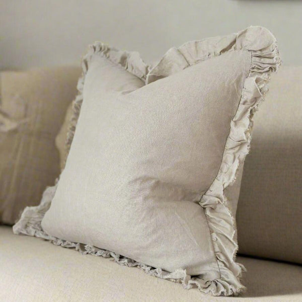 Ruffled Edge Dove Grey Linen Cushion 45x45cm