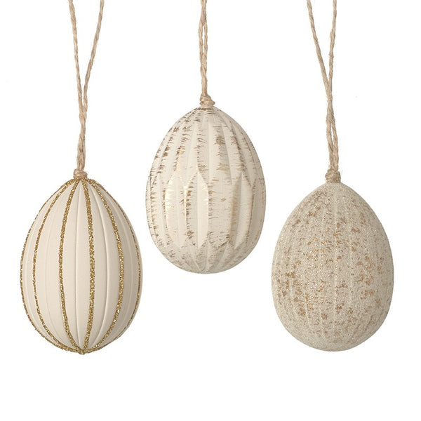 Set of 3 White and Gold Hanging Decorative Easter Eggs