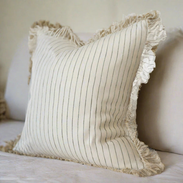 Ruffled Cream Cushion with Olive Stripe