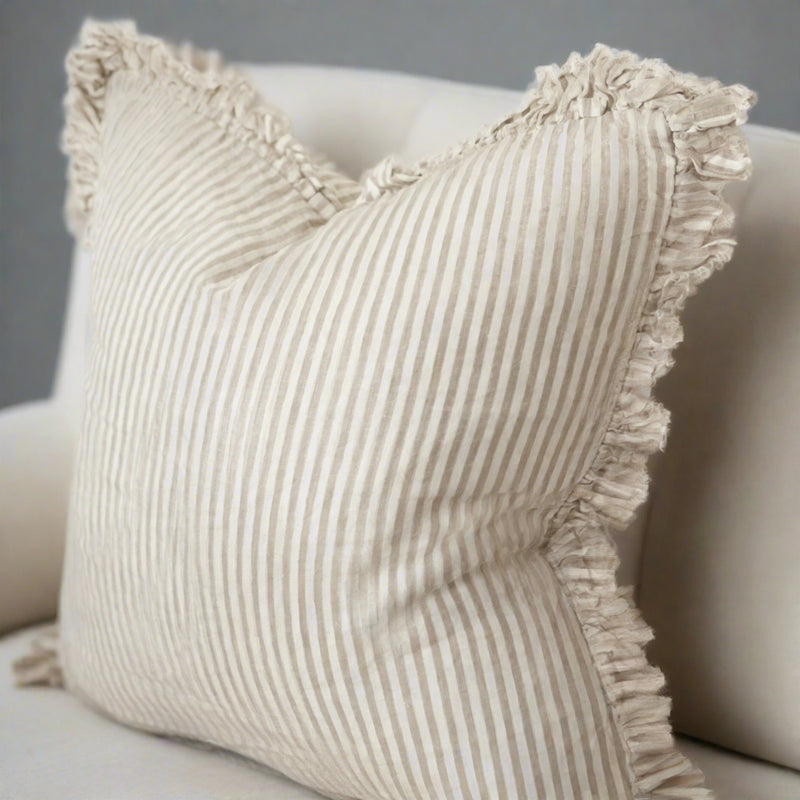 ruffled edge cushion with cream and beige stripes