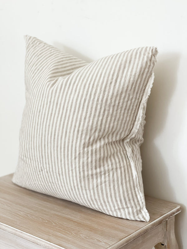 Weathered Edge Cream and Beige Stripe Linen Square Cushion