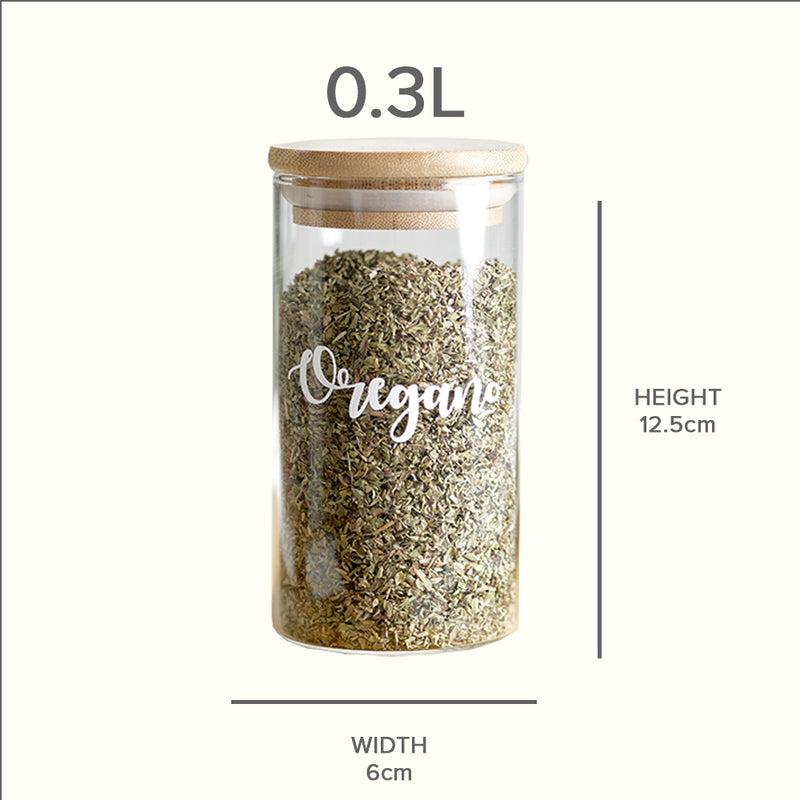 Glass spice jar with bamboo lid size chart for height and lid