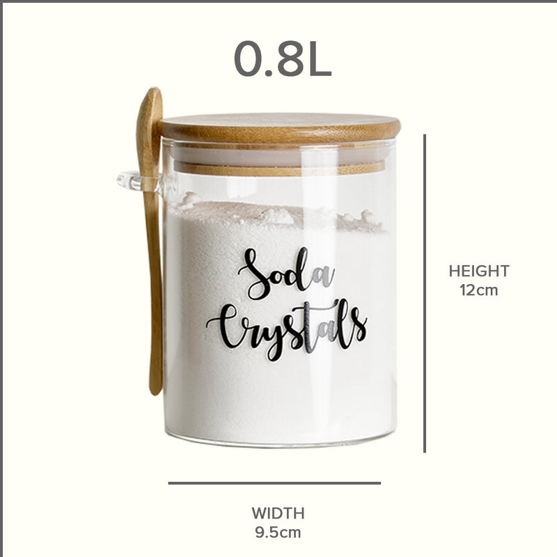 Glass jar with bamboo Lid and spoon size chart for height and width