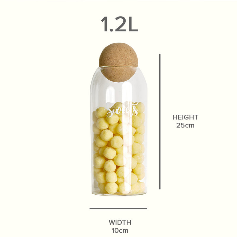Glass jar with cork ball stopper size guide for width and height