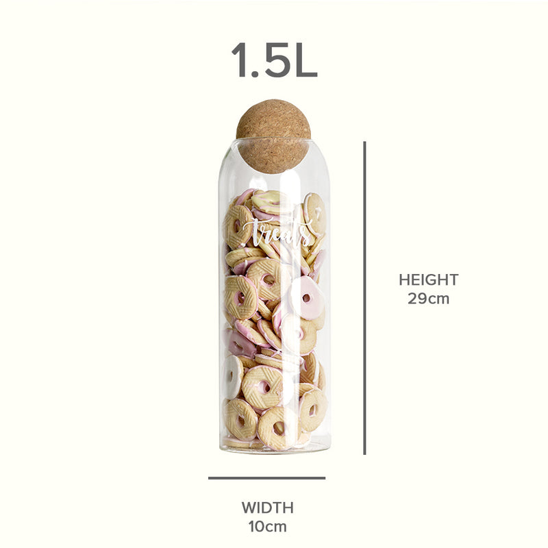 Glass jar with cork ball stopper size guide for width and height