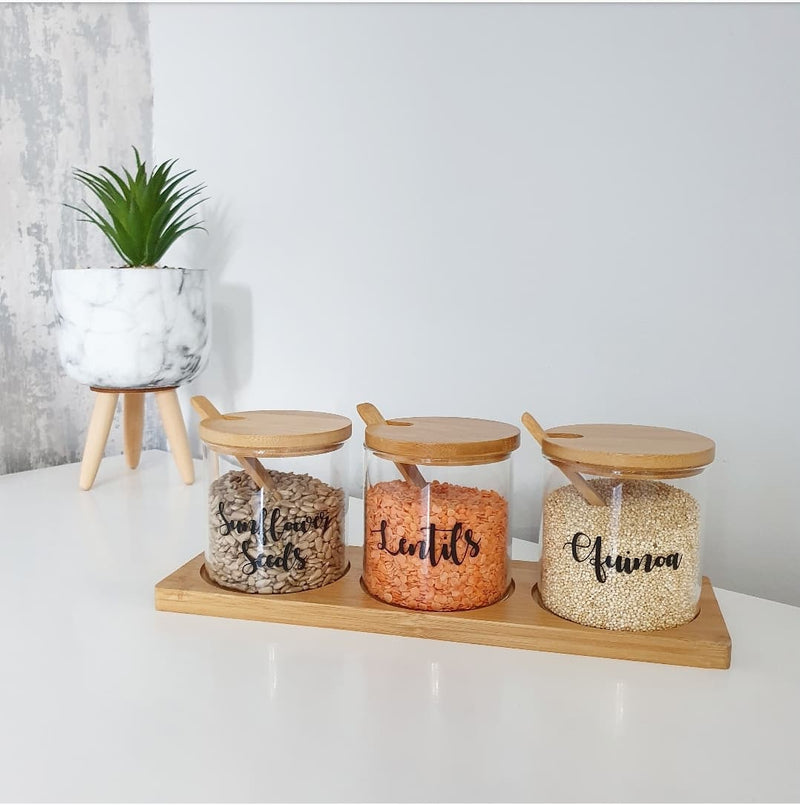 Set of 3 Glass Jar with Bamboo Lid, Spoon & Tray, with custom personal sable wording on the front, containing sweet treats.