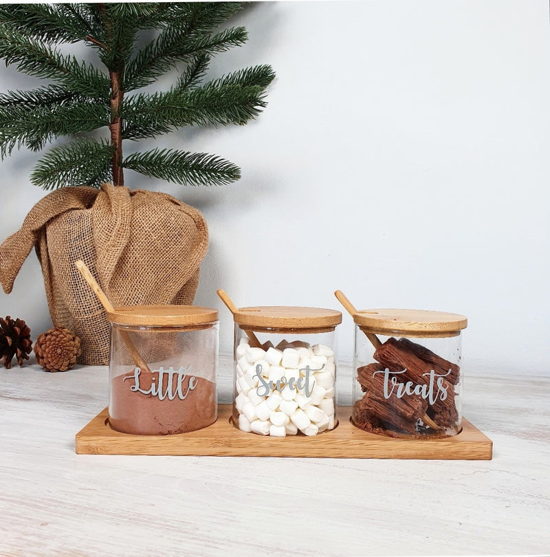 Set of 3 Glass Jar with Bamboo Lid, Spoon & Tray, with custom personal sable wording on the front, containing sweet treats.