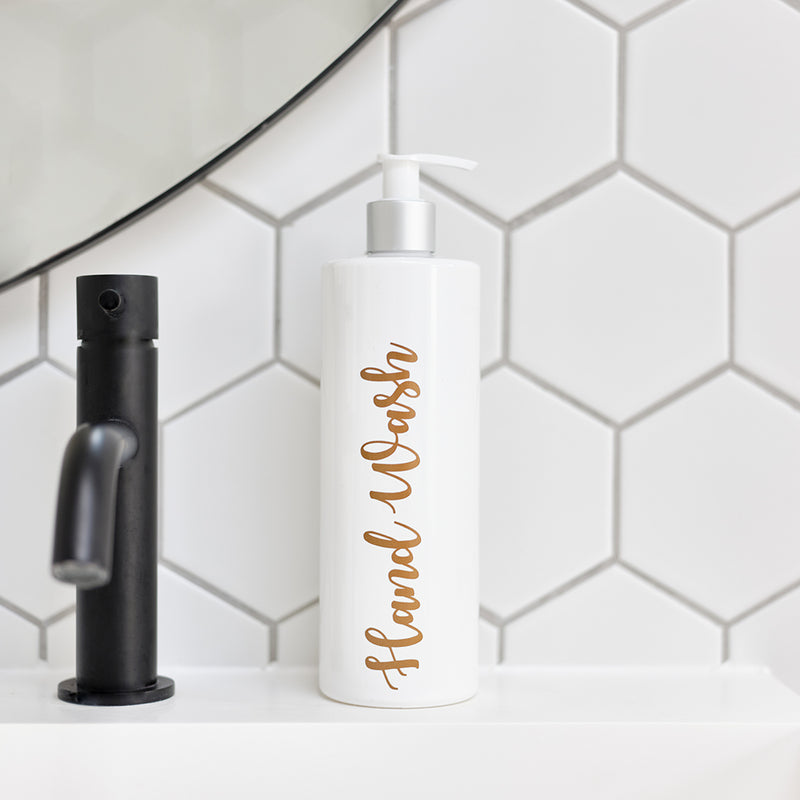 500ml white and silver reusable dispenser pump bottles with custom personalised gold wording, for Hand Wash
