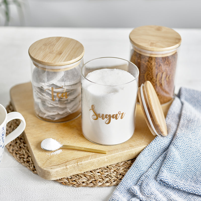 Glass jars with bamboo airtight sealed lids with labels for Tea, Coffee and Sugar