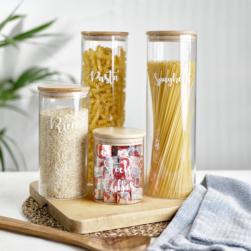 Glass jar storage bundle with airtight bamboo lids, with wording for Rice, Pasta, Spaghetti, and Stock Cubes