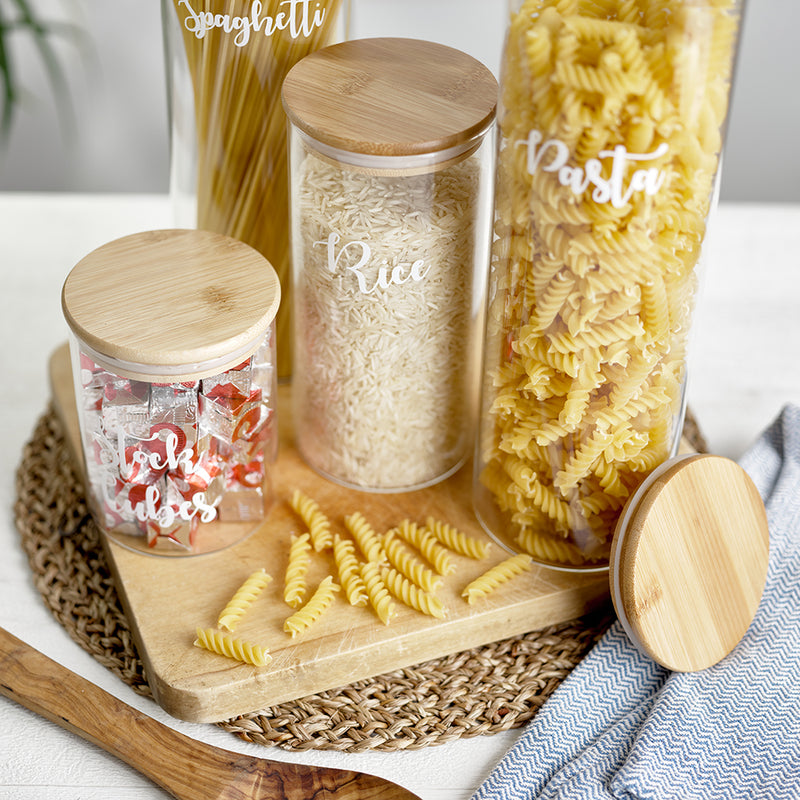 Glass jar storage bundle with airtight bamboo lids, with wording for Rice, Pasta, Spaghetti, and Stock Cubes