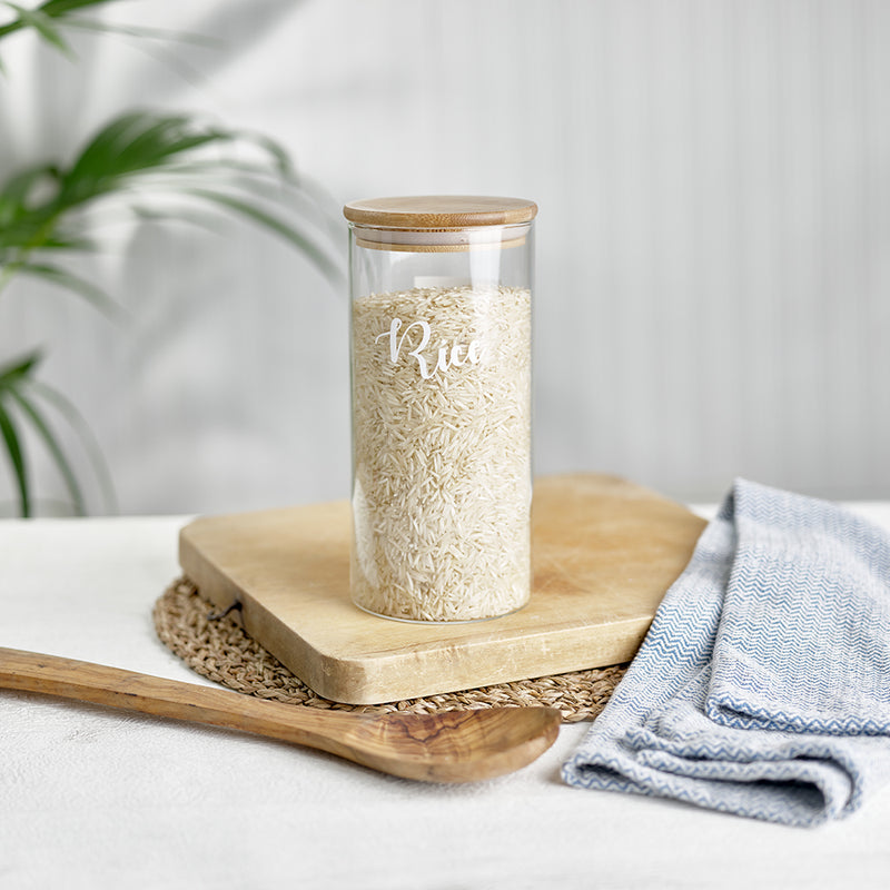 A labelled glass jar with bamboo airtight lids and custom personalised wording for Rice