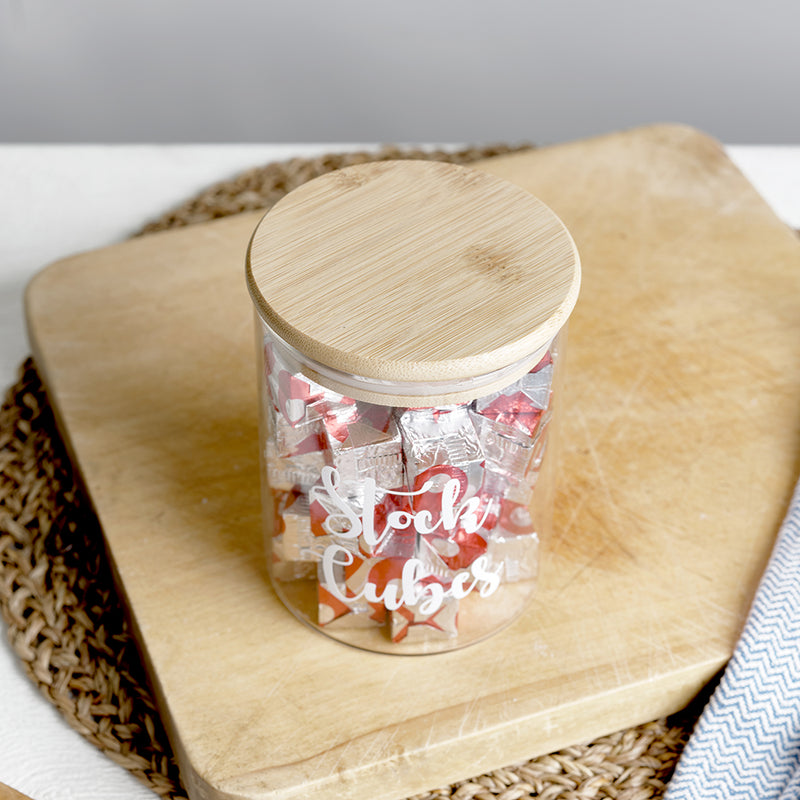  A labelled glass jar with bamboo airtight lids and custom personalised wording for Stock Cubes
