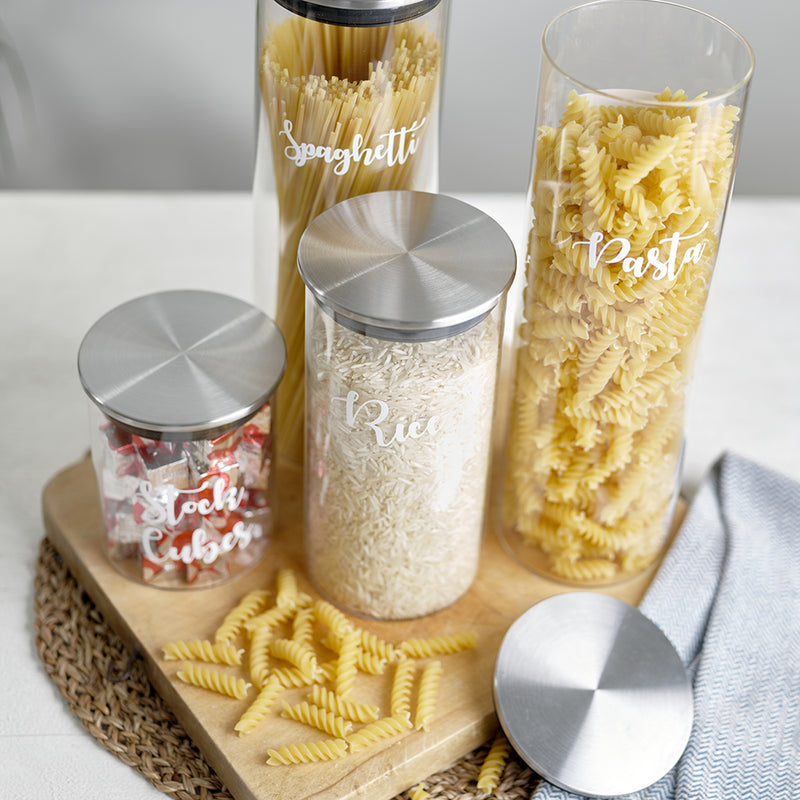 Glass Jar with Stainless Steel lid of varying sizes, with labels for pasta, spaghetti, rice, and stock cubes