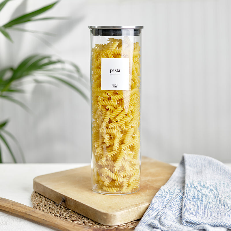 glass jar with stainless steel lid, white waterproof able to store pasta