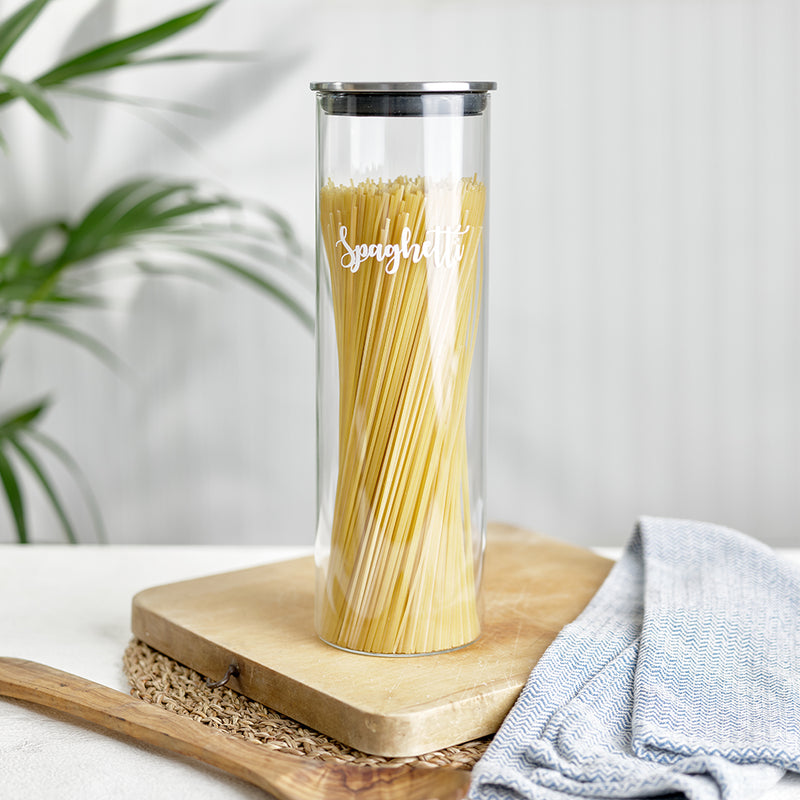 Tall Glass Jar with Stainless Steel Lid with a label reading spaghetti