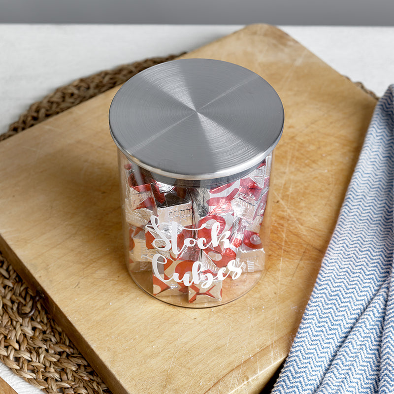 Glass Jar with Stainless Steel Lid with a label reading stock-cubes