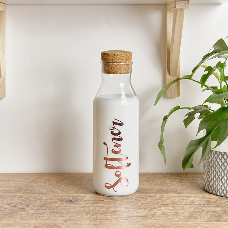 Glass storage bottle with cork stopper and custom personalised wording for Softener
