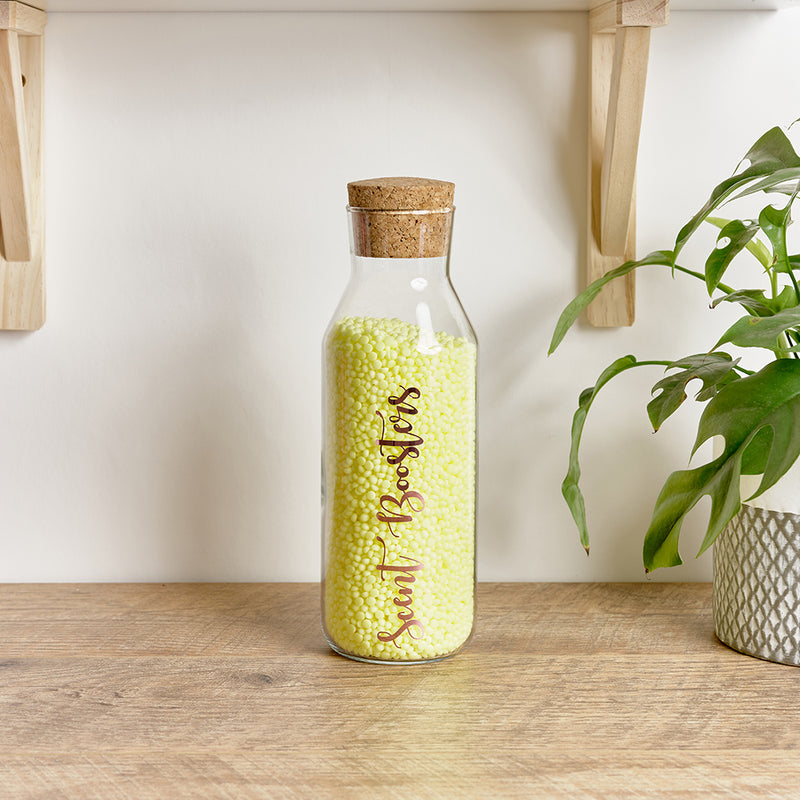 Glass storage bottle with cork stopper and custom personalised wording for Scent Boosters