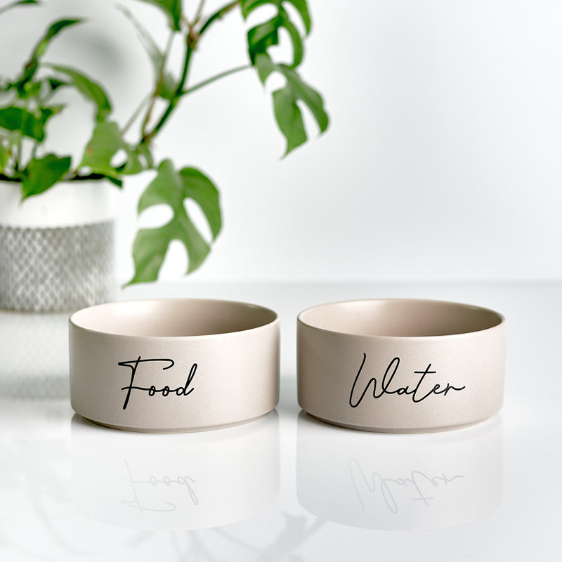 Custom personalised ceramic dog bowls with names with black wording