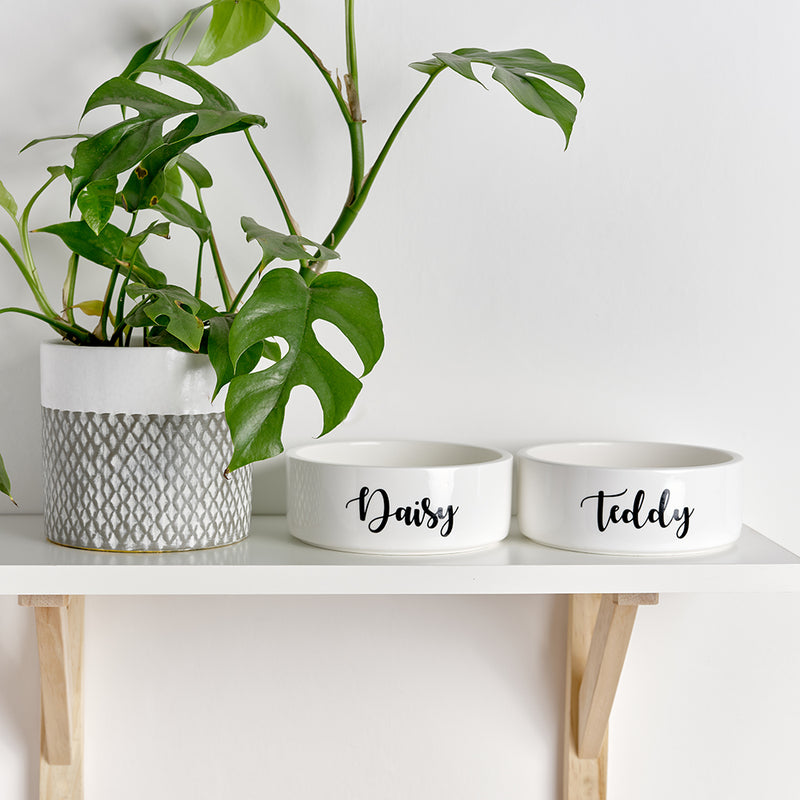 White Ceramic Henry Hinch pet bowl with custom personalised wording for your pet's name