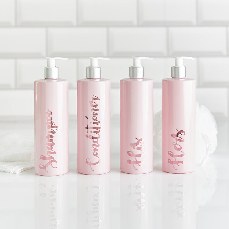 Four pink reusable shampoo conditioner his and her bottles with customisable rose gold wording