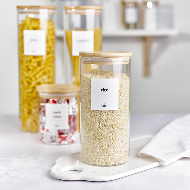 Labelled Glass and Bamboo Food Storage Jar Bundle