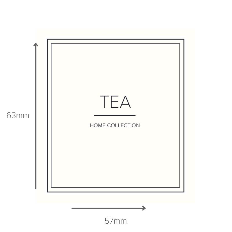 image showing 1 tea label showing dimensions of 63mm tall, 57mm tall.