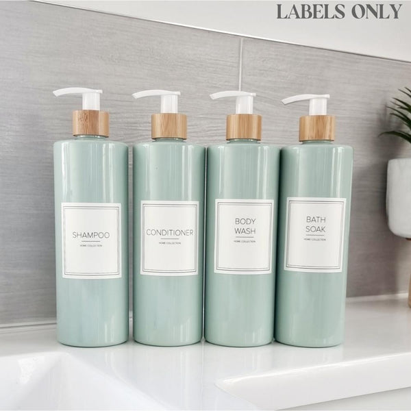Cream square labels for Shampoo, Conditioner, Body Wash and Bath Soak added to sage green pump dispenser bottles in white and grey bathroom