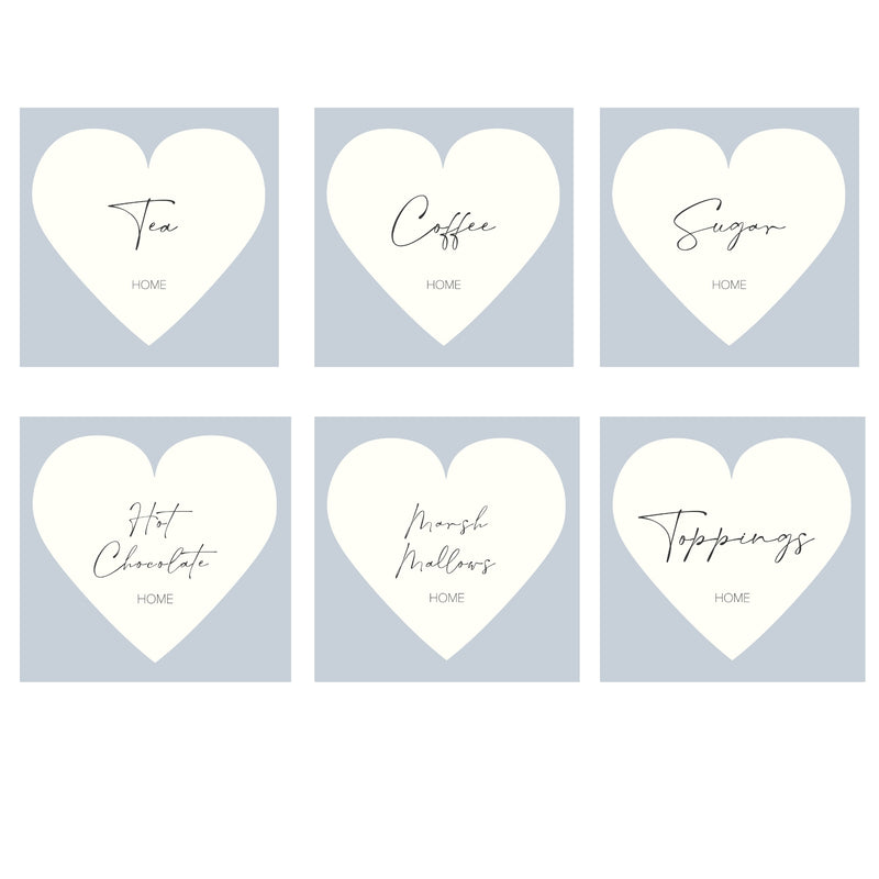 6 light grey square labels with cream love hearts inside with callipgraphy font in grey written inside each heart for drinks such as tea,coffee,sugar and more