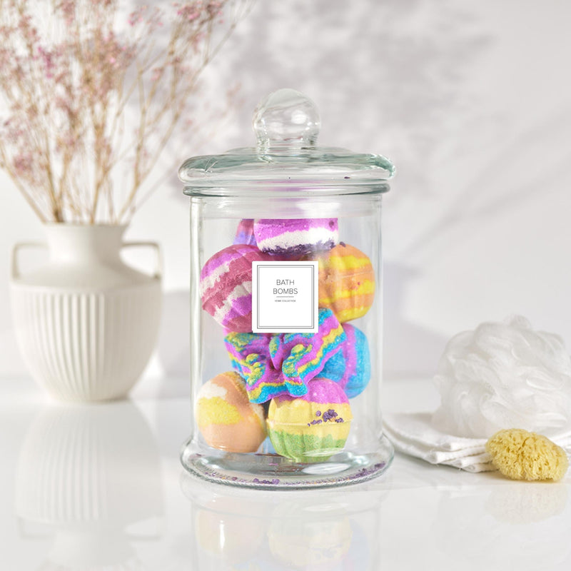 Clear glass jar with 'bath bombs' label" - A spacious, transparent jar with a white waterproof label for organizing and storing bath bombs