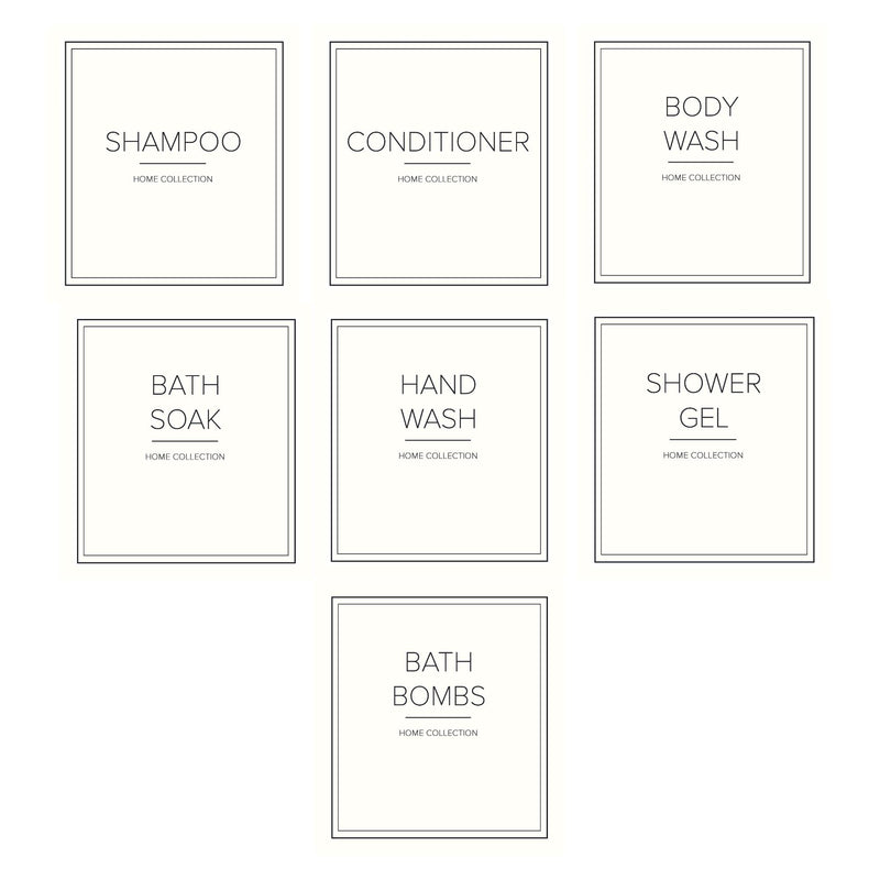Square cream bathroom labels with individual wording written in capital thin font. Shampoo, Conditioner, Hand Wash, Body Wash, Bath Soak, Shower Gel and Bath Bombs